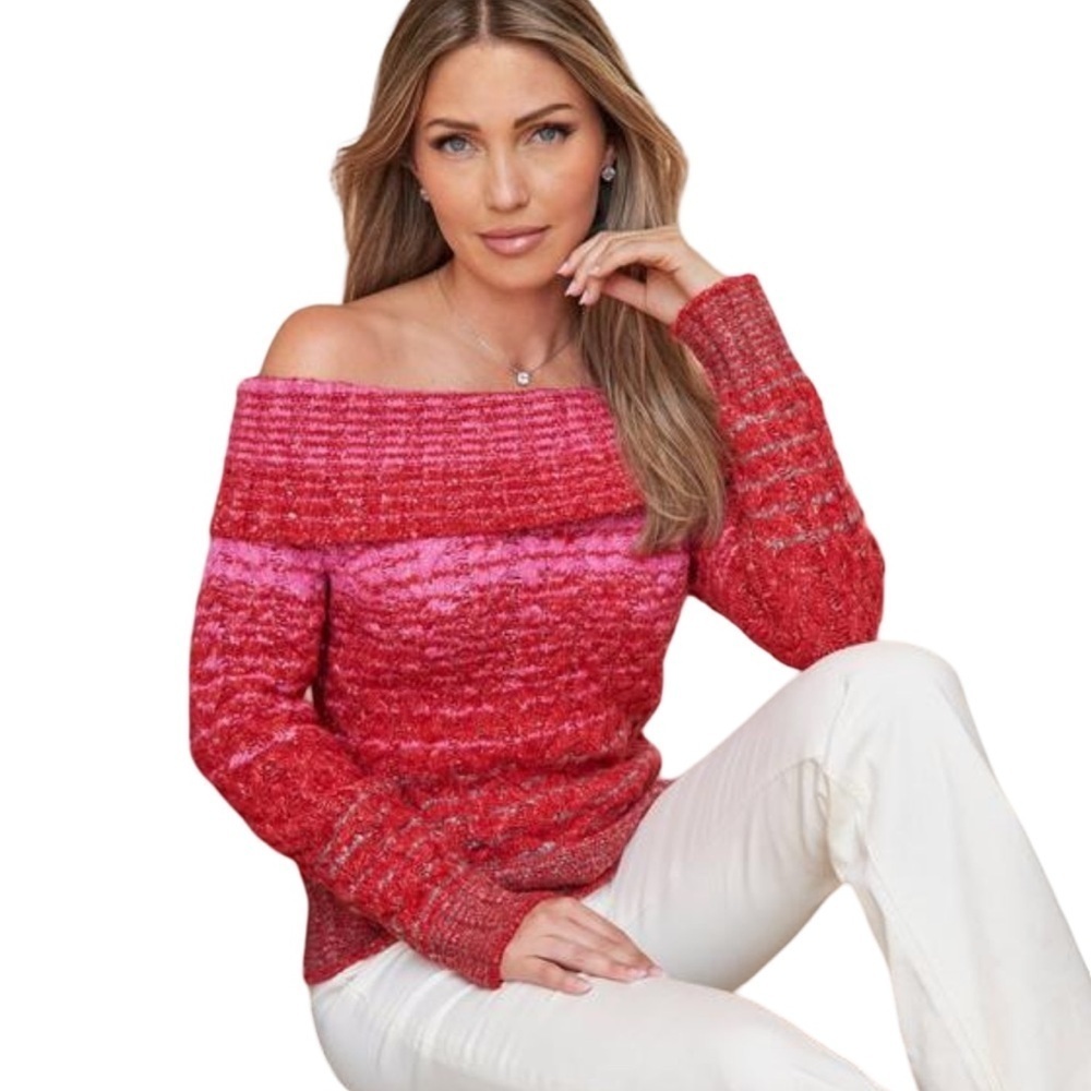 Staud Myrna Off-The-Shoulder Long Sleeve Cable Knit Sweater Cozy Red Pink Size M